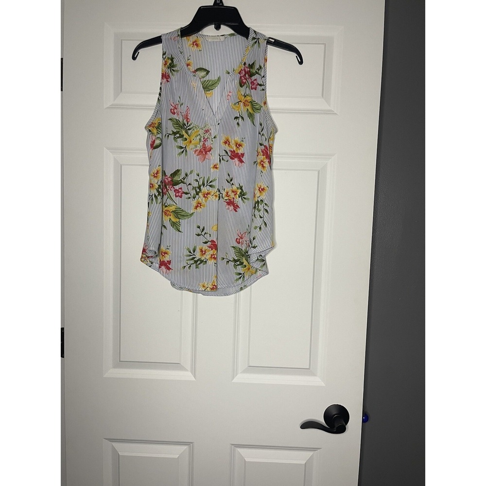 Lush V Neck Floral Striped Tank Top blouse blue multi small - Picture 1 of 2